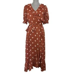 Orange Polka Dot Short Sleeve Ruffle Maxi Dress Size Small V Neck Wedding Guest